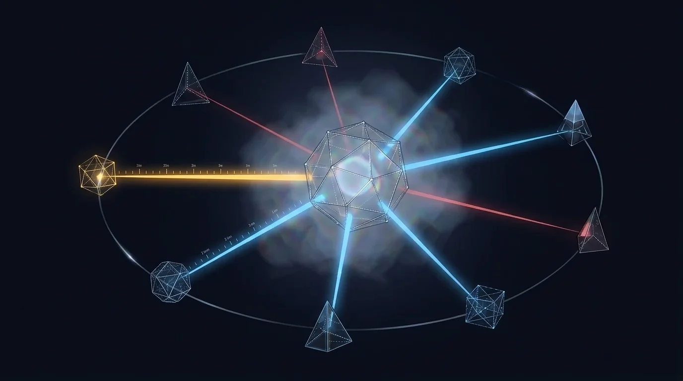 Seven-node oracle ring mid-round, beams in flight toward the aggregator core